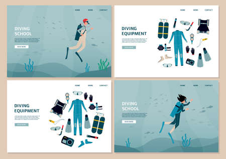 Set of website banners for diving school and equipment shop, flat vector illustration. Training and outfit for scuba diving and under water extreme sport.のイラスト素材