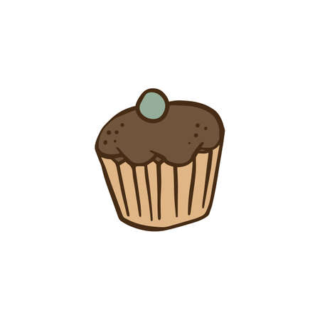 Chocolate muffin cake - simple food drawing isolated on white background. Brown hand drawn cupcake...
