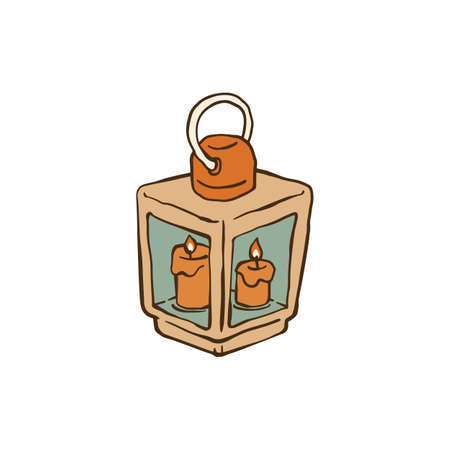 Candle lantern with burning fire light isolated on white background. Hand drawn metal and glass vintage lamp with candles for garden decoration, vector illustration.のイラスト素材