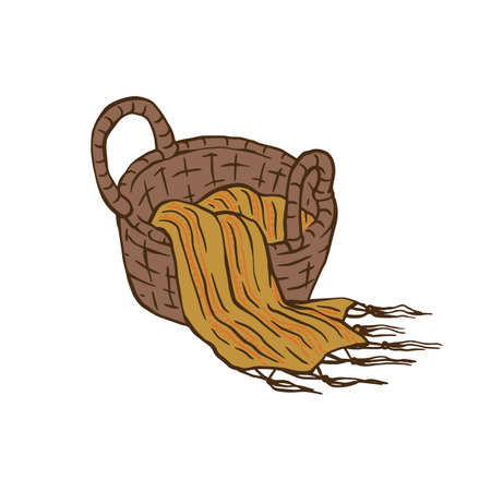 Wicker basket with cozy scarf or blanket isolated on white background - brown laundry hamper with warm fabric draping over. Vector illustration.のイラスト素材