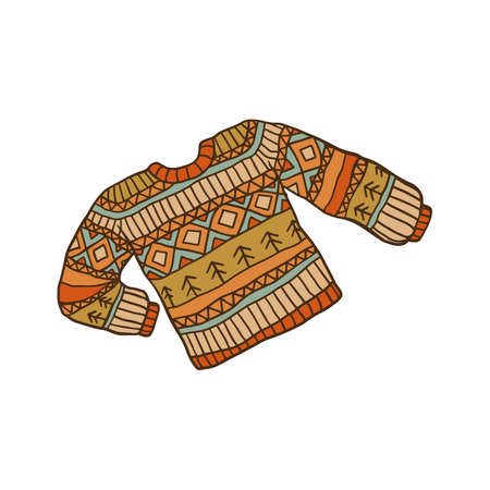 Warm wool sweater with cute ornament pattern isolated on white background - Scandinavian hygge style cozy knitted jumper. Vector illustration.のイラスト素材