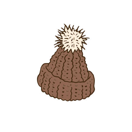 Knitted wool warm winter hat with fluffy pompon cartoon icon, sketch vector illustration isolated on white background. Cozy comfortable headwear for cold season.のイラスト素材