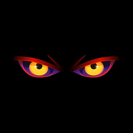 Scary yellow evil eyes of angry Halloween monster isolated . Furious glowing eye pair of demon or wild dangerous animal - vector illustration.のイラスト素材