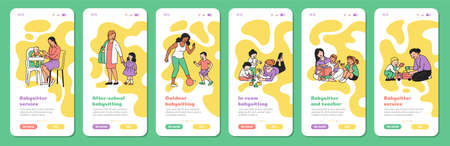 Child babysitter app banner set with cartoon nanny women playing with little children. Onboarding...