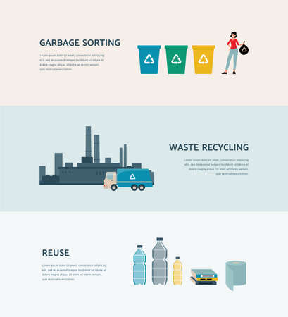 Garbage sorting, recycling and reusing - ecology poster with recycle process. Waste journey from trash can to factory and reusable objects, vector illustrationのイラスト素材