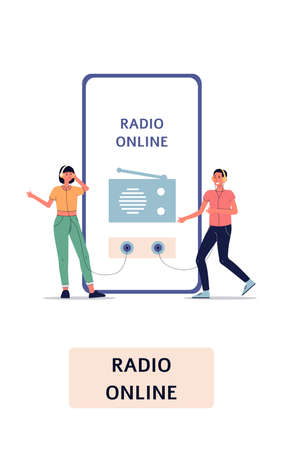 Radio online mobile app onboarding screen design with people characters, flat vector illustration isolated on white background. Radio listening and podcast concept.のイラスト素材
