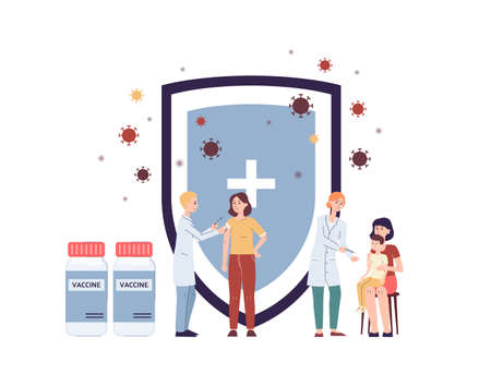 Medical vaccine poster with doctors giving injection to patients. Flu virus or coronavirus medicine vaccination process with shield symbol, cartoon vector illustraiion.のイラスト素材