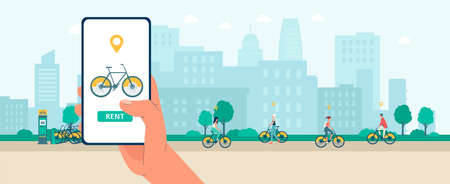Cityscape background with people riding on bicycles and hand holding mobile phone with application of online bike rental service, flat vector illustration.のイラスト素材