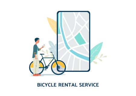 Bicycle rental service concept with mobile phone screen and man on bike choosing route, flat vector illustration isolated on white background. City transportation app.のイラスト素材