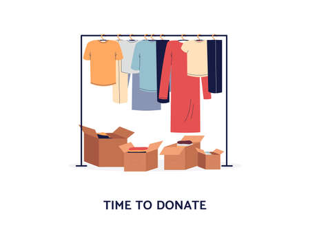 Clothes donation concept - clothing rack and cardboard boxes ready to donate. Cartoon poster for charity cause or spring clean - isolated vector illustration.のイラスト素材