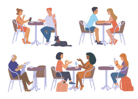 Set of people of different ages and genders relaxing at tables in a cafe, flat vector illustration isolated on white background. Men and women socialize in street cafes.のイラスト素材