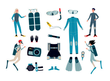 Set of scuba diving equipment and facilities for underwater photo shooting with cartoon characters of divers, flat vector illustration isolated on white background.のイラスト素材