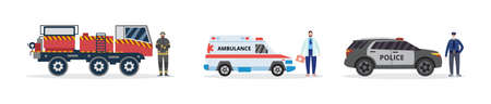 Emergency rescue vehicles ambulance, fire engine and police car, flat vector illustration isolated...