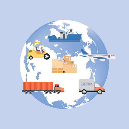 Earth globe symbol with icons of various transport flat vector illustration isolated on blue background. Sign or logo element for delivery and shipping transport service.のイラスト素材