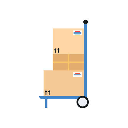 Delivery hand truck with stack of mail boxes cartoon icon, flat vector illustration isolated on white background. Shipping, delivery and logistics service sign or symbol.のイラスト素材