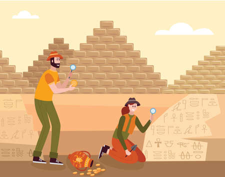 Scientists-Egyptologists or archaeologists examine the Egyptian hieroglyphs on the wall of the...