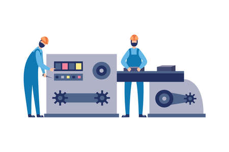 Workers in the metallurgical or steel rolling industry work on a machine tool, flat vector illustration isolated on white background. Metallurgy or foundry factory.のイラスト素材