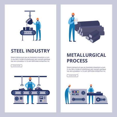 Metallurgical and steel production industry advertising posters or banners set with foundry factory facilities, flat vector illustration isolated on white background.のイラスト素材