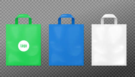 Realistic plastic bag mockup set - green, blue and white retail packages with logo template or branding copy space, vector illustration isolated on transparent background.のイラスト素材