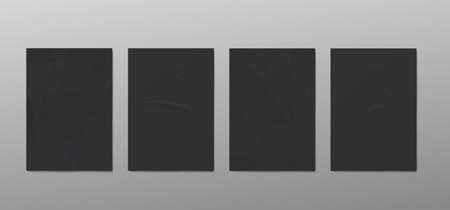 Set of black wrinkled and crumpled paper posters or billboards, realistic vector illustration on...
