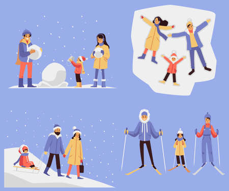 Winter fun banners or stickers set with happy family at winter vacation playing with snow and skiing, flat vector illustration isolated on blue background.のイラスト素材