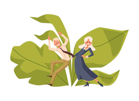 Elderly people cartoon characters dancing together, flat vector illustration isolated on white background. Emblem or logo for elderly activity or party for seniors.のイラスト素材