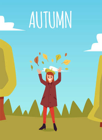 Autumn card or banner design with girl cartoon character tossing yellow fall leaves in the air, flat vector illustration. Autumn nature landscape layout.のイラスト素材