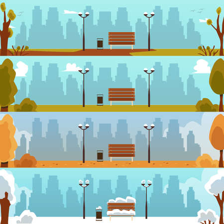 Set of four seasons horizontal banners or backgrounds of park landscapes, flat cartoon vector illustration. Seasonal nature in town scenery collection.のイラスト素材