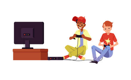 Two teenagers are sitting in front of the TV playing video games on a video game console. Vector cartoon illustration isolated on a white background.のイラスト素材