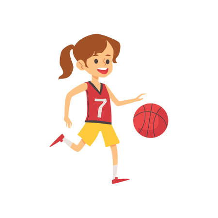 Cute little girl basketball player in uniform and with ball, flat flat vector illustration isolated on white background. Children sport activity personage.のイラスト素材