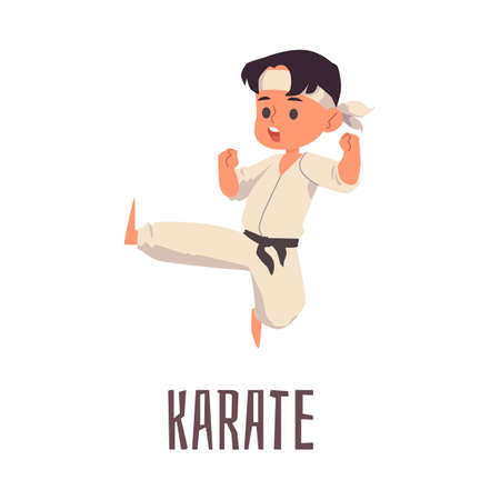 Little boy fighter in kimono cartoon character practicing karate, flat vector illustration isolated on white background. Children sports and fitness activity.のイラスト素材