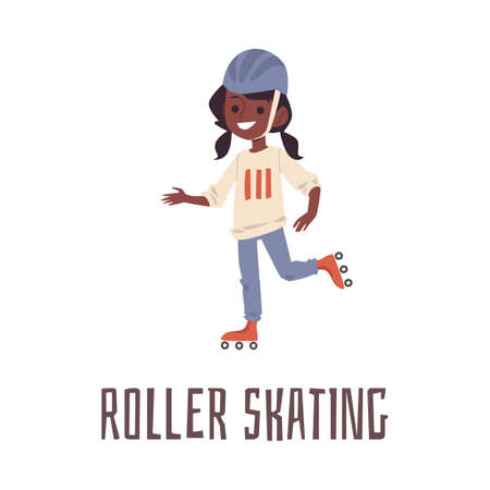 Cartoon girl roller skating in sport helmet. Cute African child riding roller blades and smiling -...