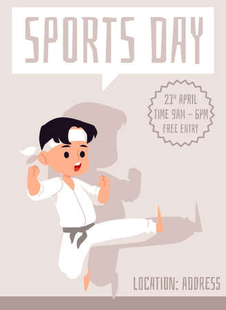 School sports day banner template with little boy in kimono standing in karate kick pose, flat vector illustration. Children sport competitions invitation.のイラスト素材