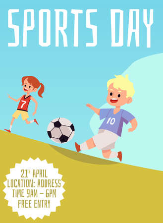 Children run for the ball. Day of sports competitions or events for children. A poster or banner with space for text. Vector flat illustrations.のイラスト素材