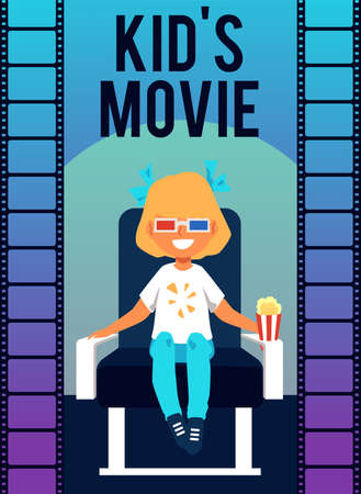 Kids movie advertising banner or flyer design with child sitting in cozy chair on backdrop of film tape, flat cartoon vector illustration. Children cinema poster.のイラスト素材