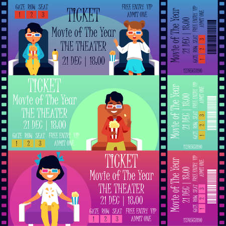 Set of cinema tickets templates for children movie day with kids watching film, flat vector illustration. Children entertainment event cards and tickets background.のイラスト素材