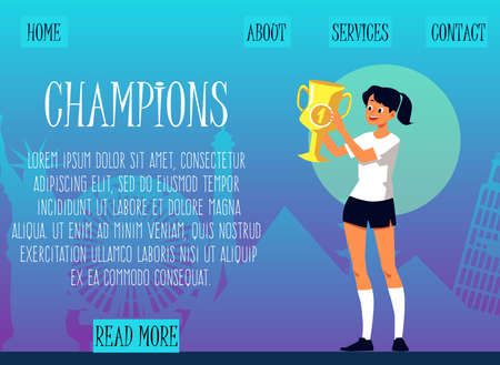 Championship or competition website page template with girl or young woman cartoon character holding gold trophy cup, flat vector illustration. Banner for sport event.のイラスト素材