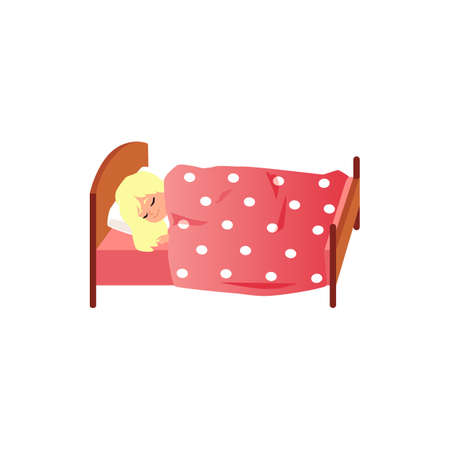 Cute blond girl sleeps in her bed under dotted blanket, flat vector illustration isolated on white background. Adorable image of child spending the night in bed.のイラスト素材