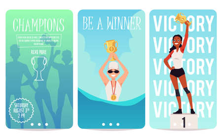Sport victory - cartoon poster set with athlete champions celebrating success and winning gold cup....