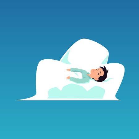 Child sleeping on a cloud - funny cartoon kid sound asleep on big white cloudy shape on blue sky. Vector illustration of toddler boy taking a nap.のイラスト素材