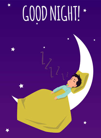 Good night card template or banner design with child cartoon character sleeping on the moon and inscription, flat vector illustration on night sky background.のイラスト素材