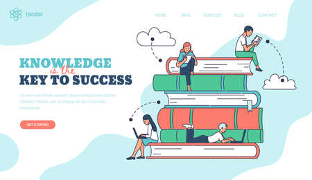 Online education and book knowledge banner concept with people reading on modern devices and sitting...