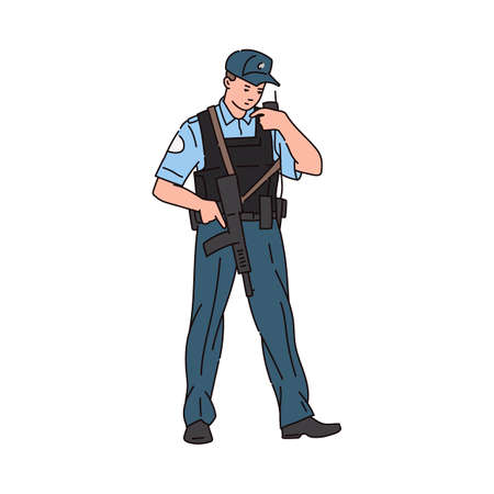 Armed policeman or security guard talking on walkie-talkie. Man professional safeguard cartoon...