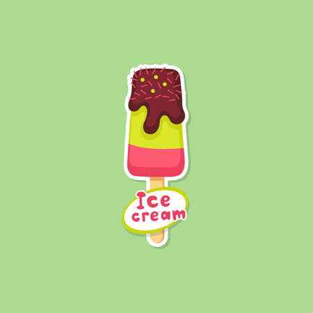 Sticker template of ice-cream with label, flat cartoon vector illustration isolated on green background. Summer design for prints and ice-cream shops.のイラスト素材