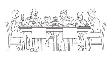 Family having dinner together, vector illustration in thin black line style isolated on white background. Line sketch of family members cartoon character at table.のイラスト素材