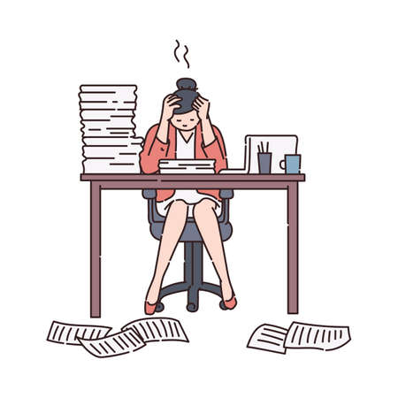 Office chaos and stressful deadline concept with woman cartoon character, sketch vector illustration isolated on white background. Burnout and stress at work.のイラスト素材