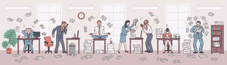Office chaos and rush scene with company employees working in deadline stressful environment, vector illustration. Work mess and office workplace disorder.のイラスト素材