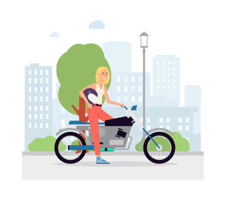 Woman motorcyclist cartoon character on her motorcycle at cityscape layout, flat vector illustration isolated on white background. Modern urban transportation.のイラスト素材