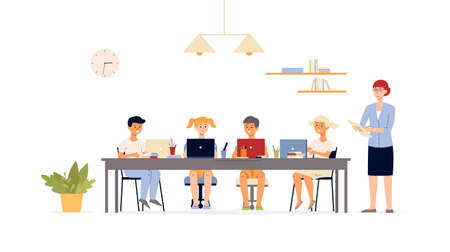Children computer class in school scene with kids characters, flat vector illustration isolated on white background. Computer lessons and education for children.のイラスト素材