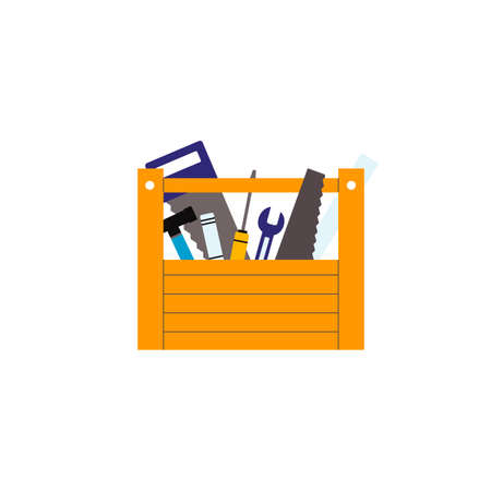 Wooden chest or box with professional construction, carpenter and repair tools, flat vector illustration isolated on white background.のイラスト素材